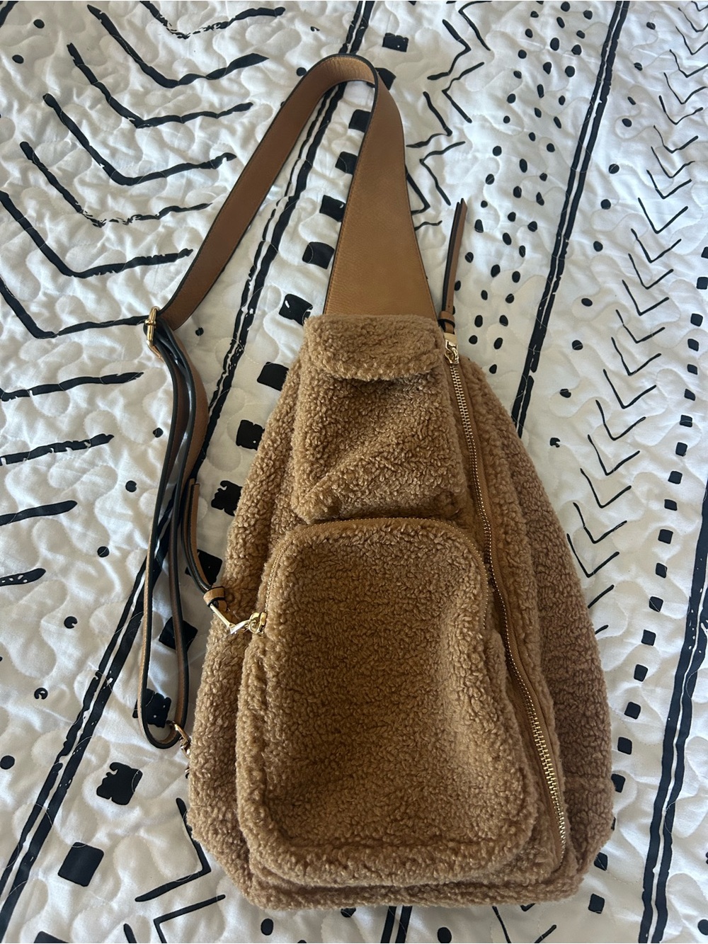 Poppy and Peonies Teddy Sherpa Sling Bag in Camel Brown